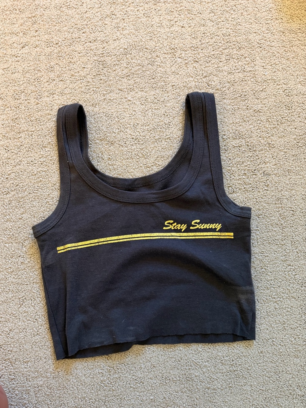 Billabong Black Crop Tank with Yellow "Stay Sunny" Print